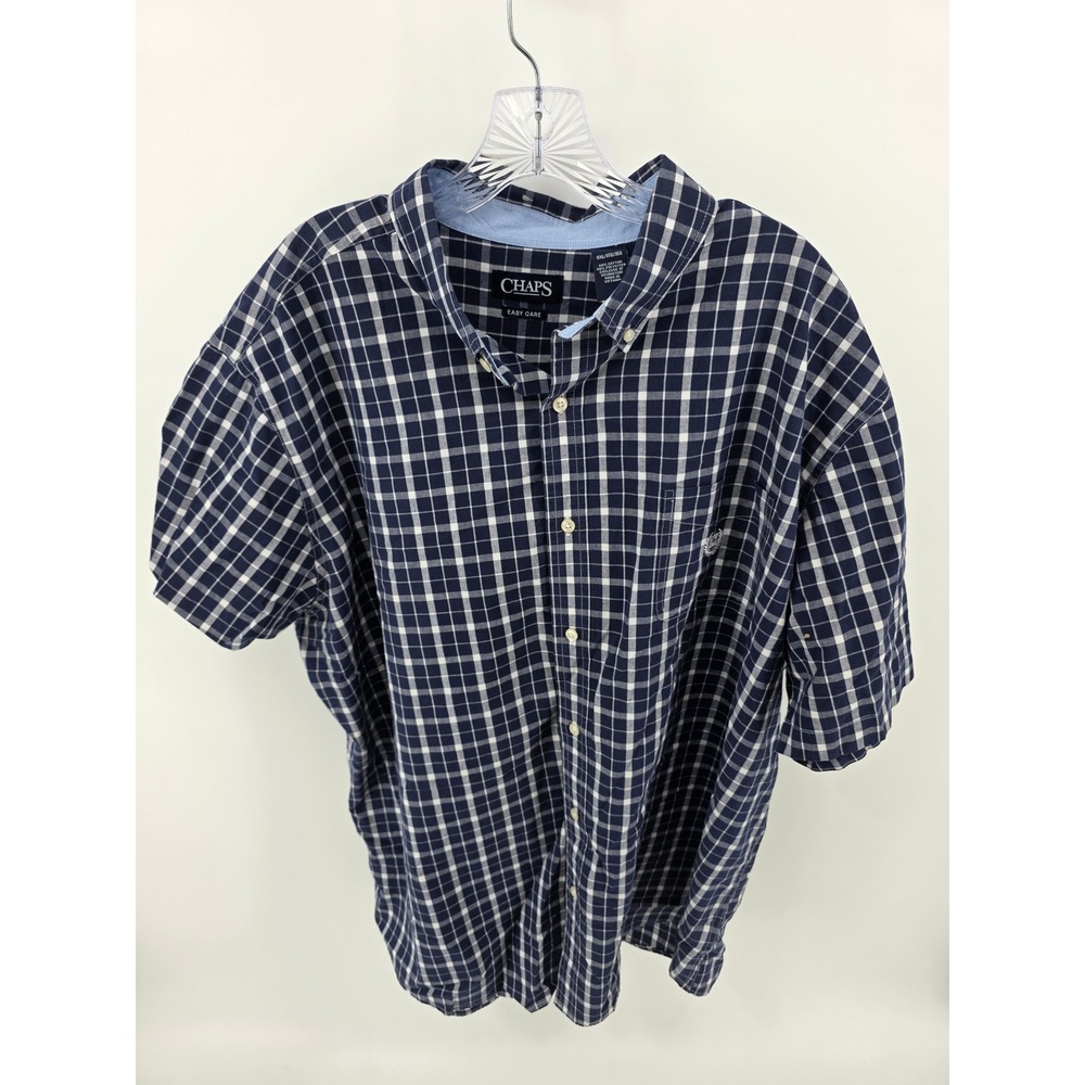 Chaps Mens 3XL Navy Blue White Grid Plaid Short Sleeve Button Down Shirt